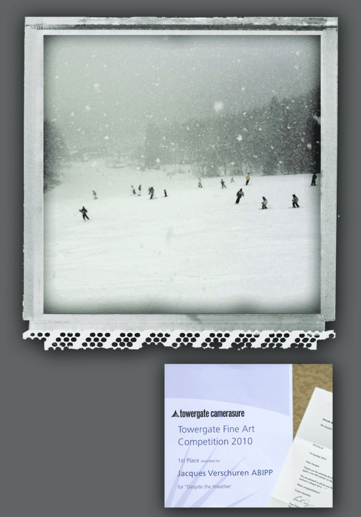Despite The weather, winterscene, skiing, snow, awardwinner Towergate Fine Art Competition, 1st place, Polaroid transfer